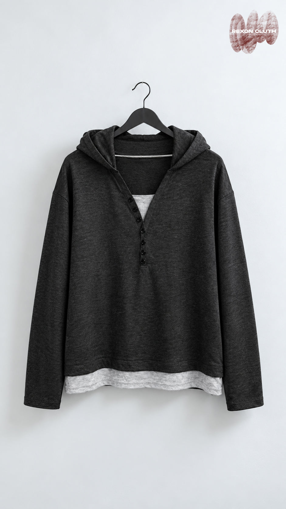 Charcoal Grey Layered Henley Hoodie – Minimalist Streetwear Edition