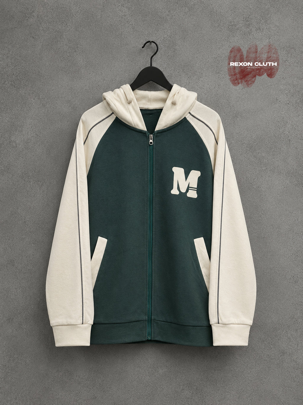 Forest Green & Ivory Varsity-Inspired Zip-Up Hoodie