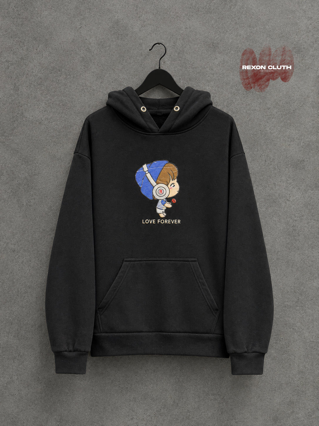 Black “Love Forever” Headphone Graphic Pullover Hoodie