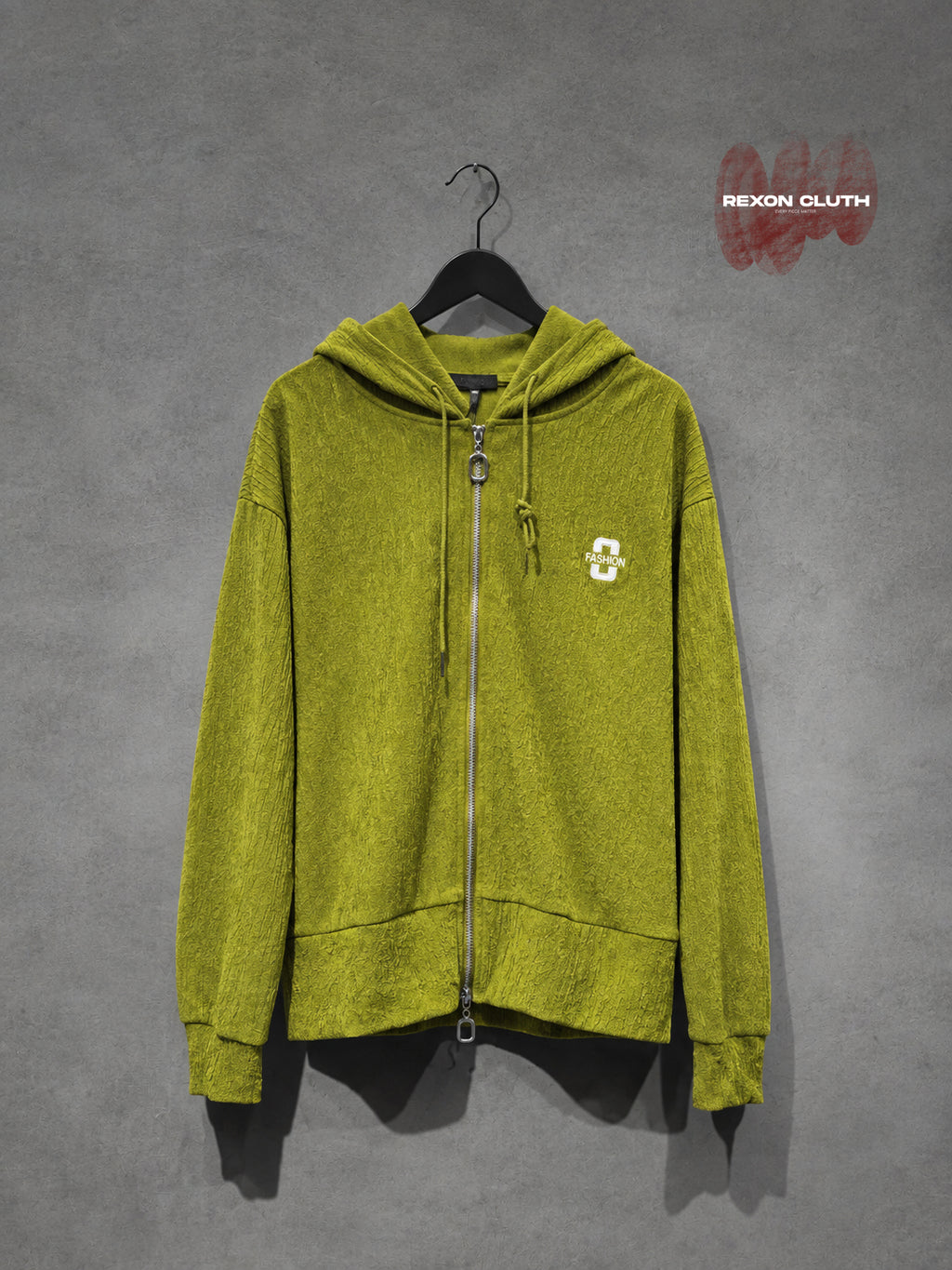 Olive Green Textured Zip-Up Hoodie Jacket