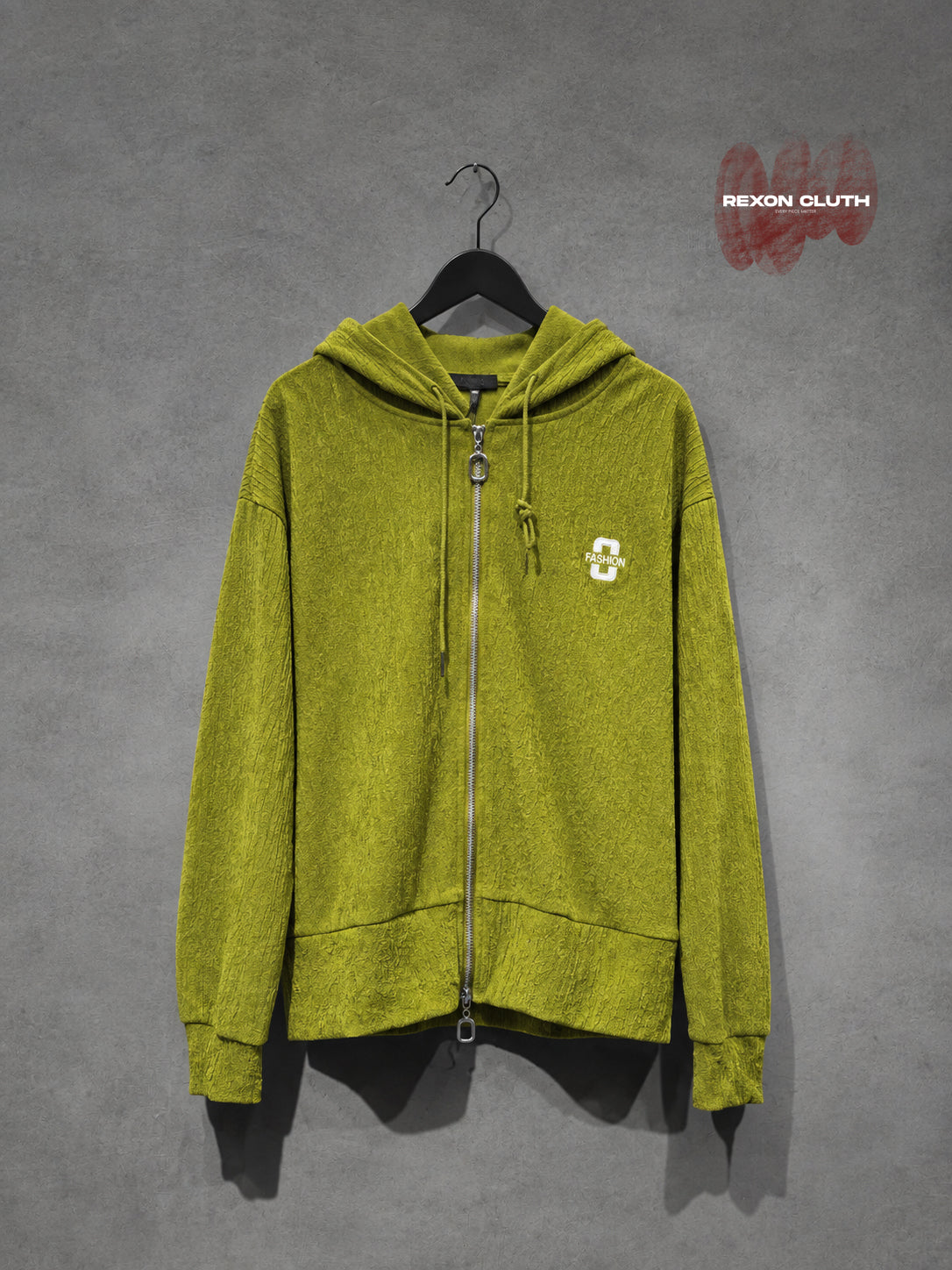 Olive Green Textured Zip-Up Hoodie Jacket