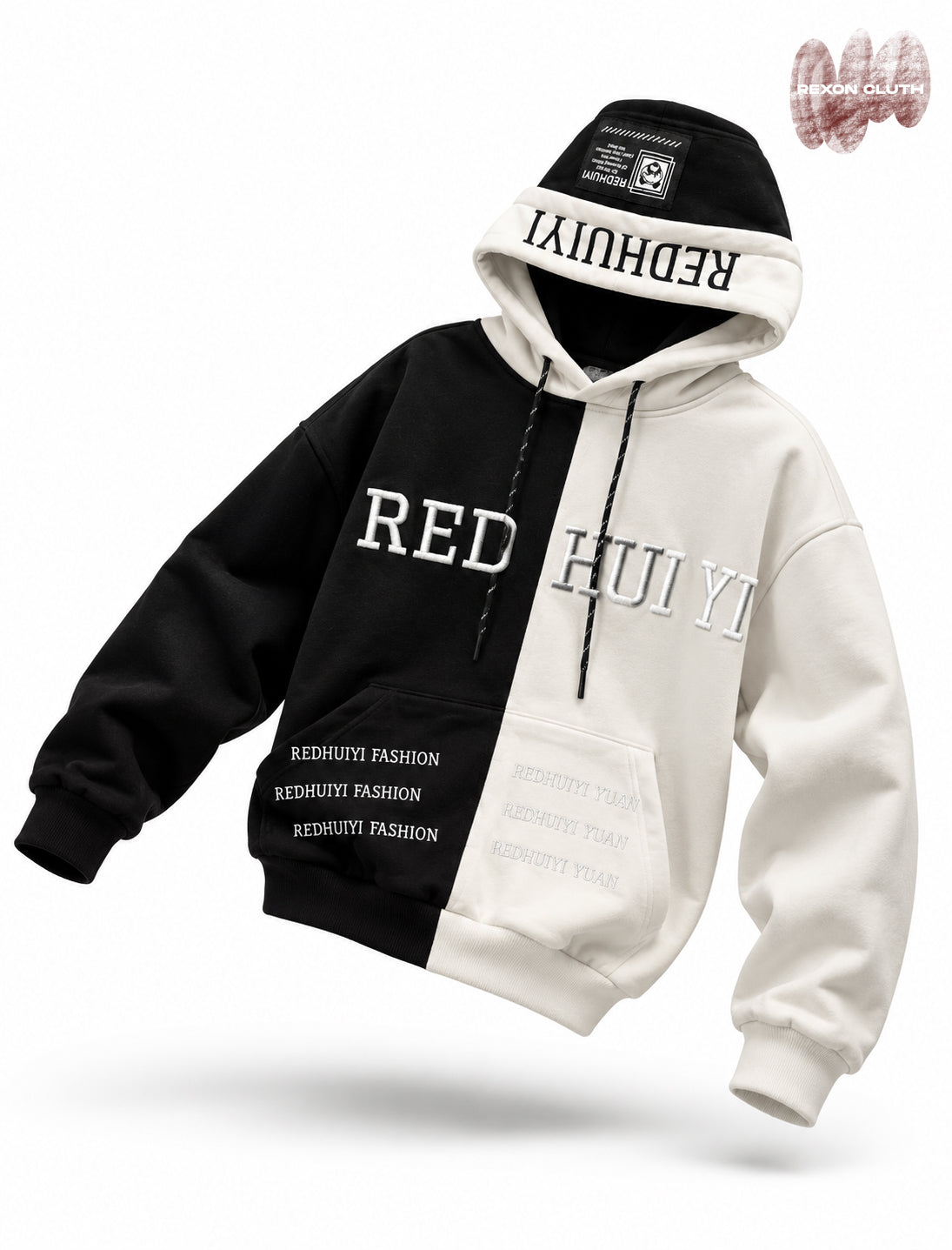 Monochrome Rebel Black & Cream Oversized Two Cap Hoodie – 3D Embroidered Graphic Hoodie.