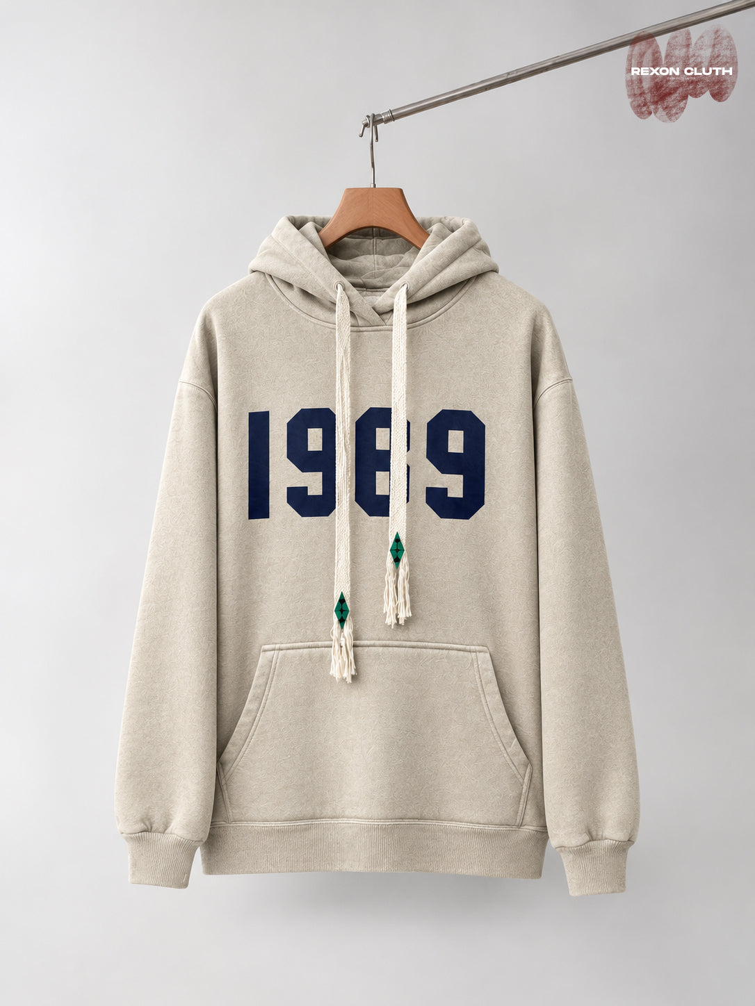 1989 Vintage Varsity Beige Oversized Hoodie – Navy Blue Number Graphic | Rexon Cluth