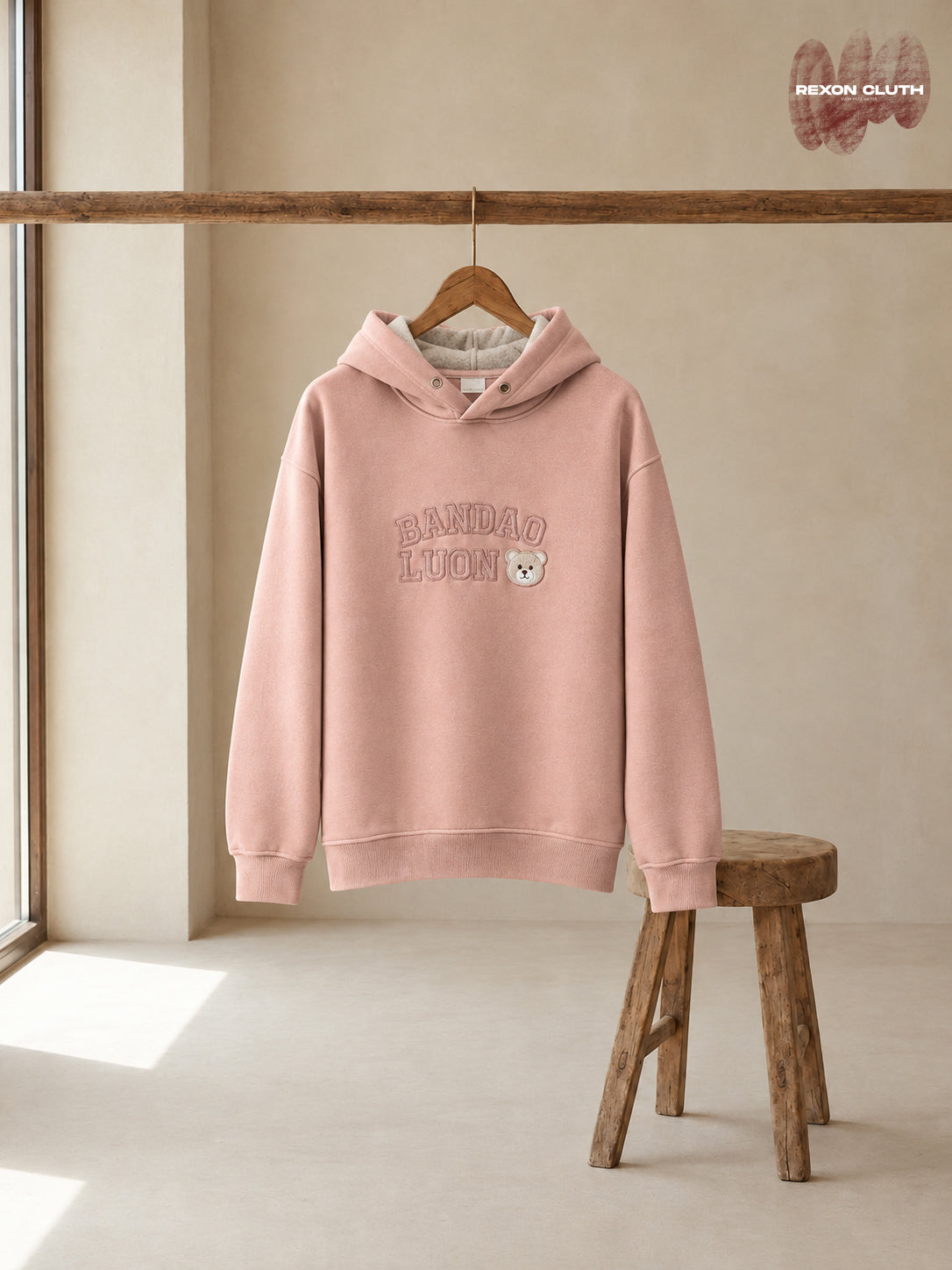 Blush Bear Embroidered Hoodie – Dusty Pink Premium Casual Hoodie