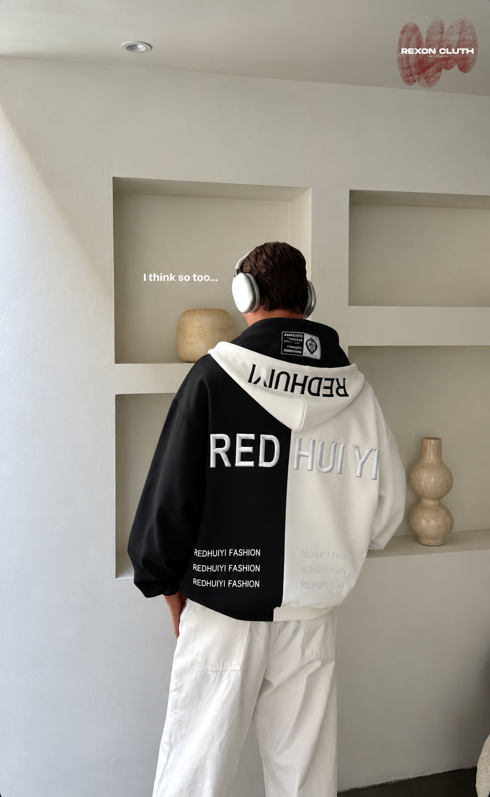Monochrome Rebel Black & Cream Oversized Two Cap Hoodie – 3D Embroidered Graphic Hoodie.