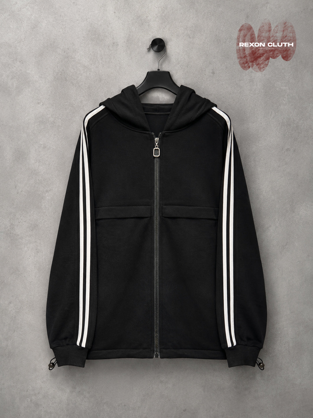 Men's Oversized Double-Stripe Zip Hoodie – Black