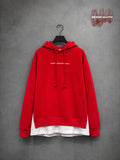 Crimson Red Layered-Hem Minimalist Graphic Hoodie