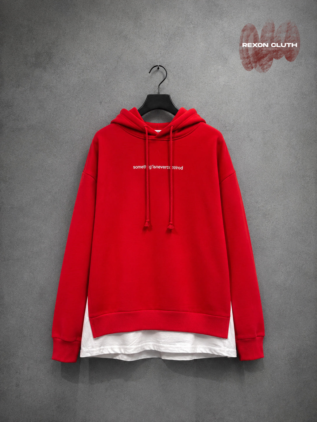 Crimson Red Layered-Hem Minimalist Graphic Hoodie