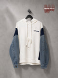 Off-White & Denim Patchwork "EXPLORE" Pullover Hoodie