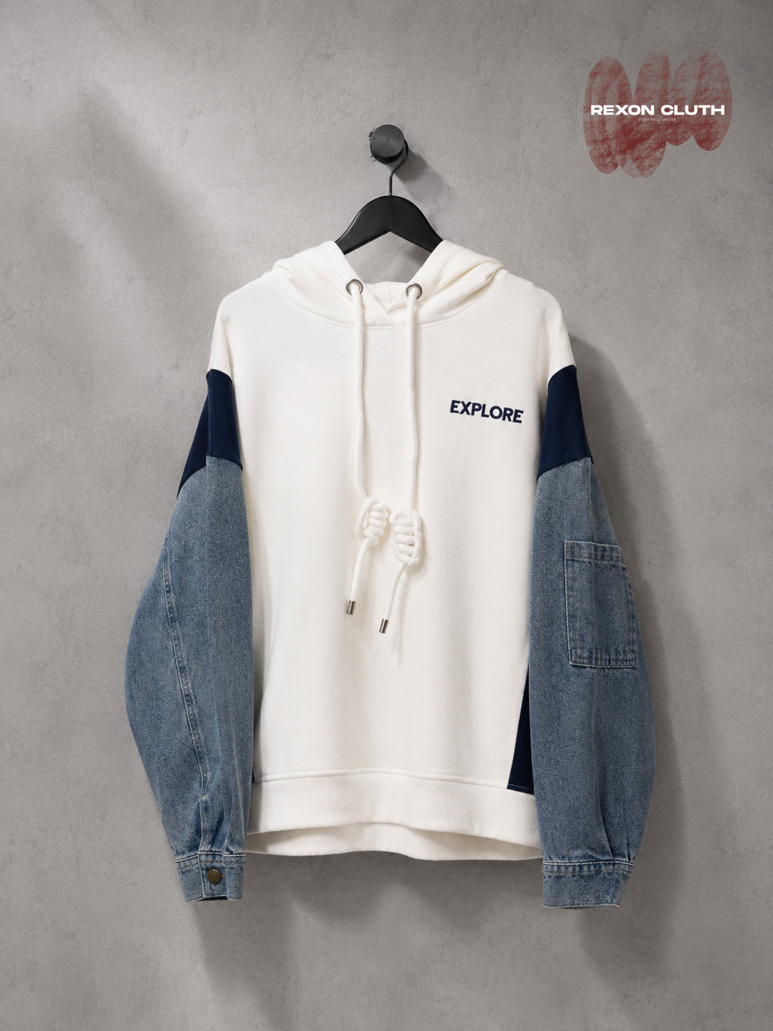 Off-White & Denim Patchwork "EXPLORE" Pullover Hoodie